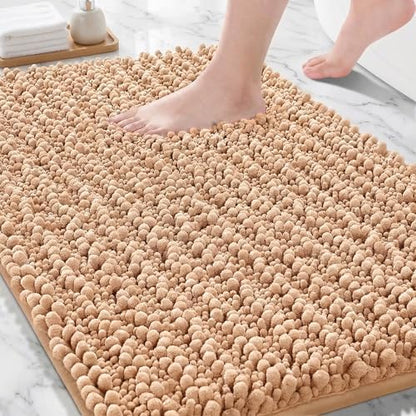 Bathroom Rugs Non Slip Washable 32x20, Extra Thick Soft Chenille Absorbent Bath Mat, High Density Barrier Non Slip Backing, Quick Dry Plush Shaggy Floor Carpet for Tub&Shower, Beige