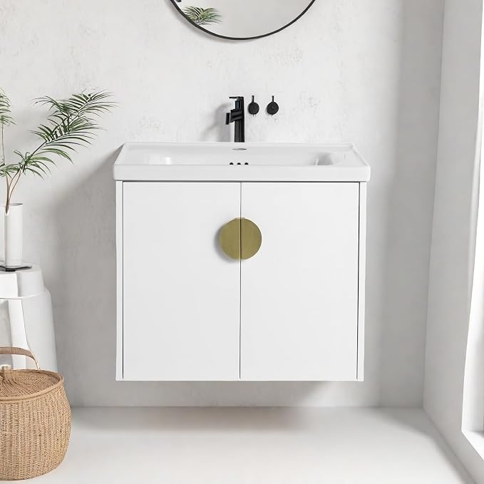 Floating Bathroom Vanity with Sink, 24" Wall-Mounted Vanity with Ceramic Basin & 2 Soft-Close Doors Cabinet, Small Bathroom Storage Cabinet with Metal Semi-Circle Handle, Gloss White