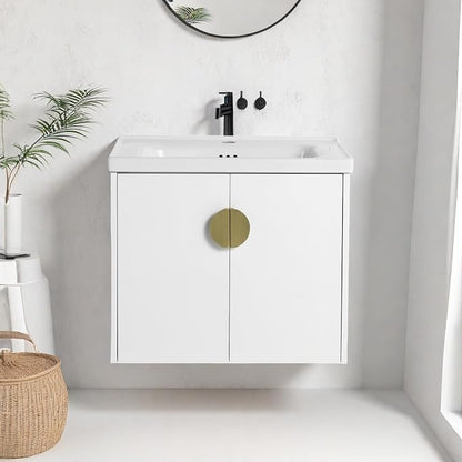 Floating Bathroom Vanity with Sink, 24" Wall-Mounted Vanity with Ceramic Basin & 2 Soft-Close Doors Cabinet, Small Bathroom Storage Cabinet with Metal Semi-Circle Handle, Gloss White