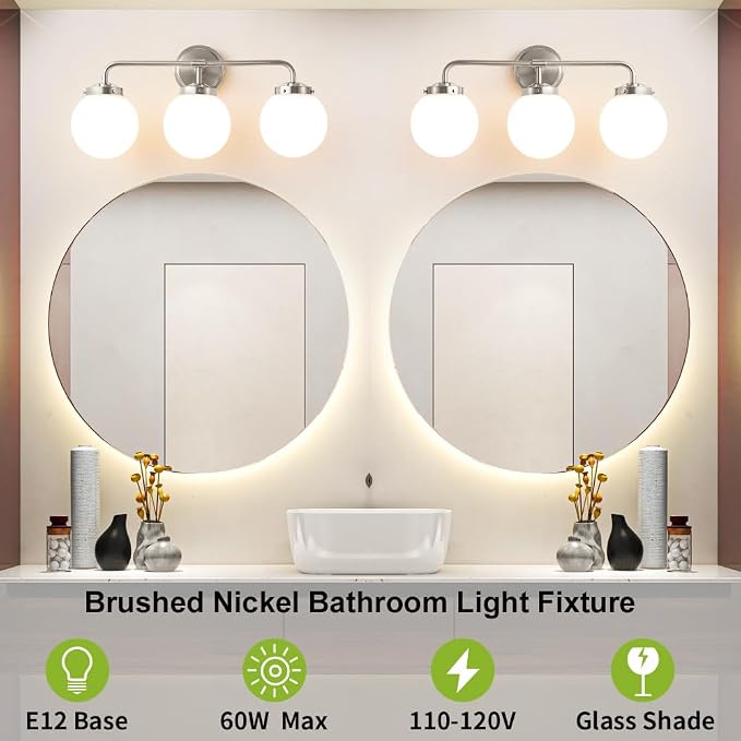 Bathroom Light Fixture 22.4in 3Light Brushed Nickel Vanity Light for Mirror | Dimmable Bathroom Lighting Fixtures over Mirror, ETL, E12 Base Max 60W, Modern Wall Sconce, Milky White Glass Ball Shades