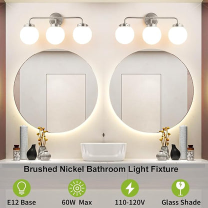 Bathroom Light Fixture 22.4in 3Light Brushed Nickel Vanity Light for Mirror | Dimmable Bathroom Lighting Fixtures over Mirror, ETL, E12 Base Max 60W, Modern Wall Sconce, Milky White Glass Ball Shades