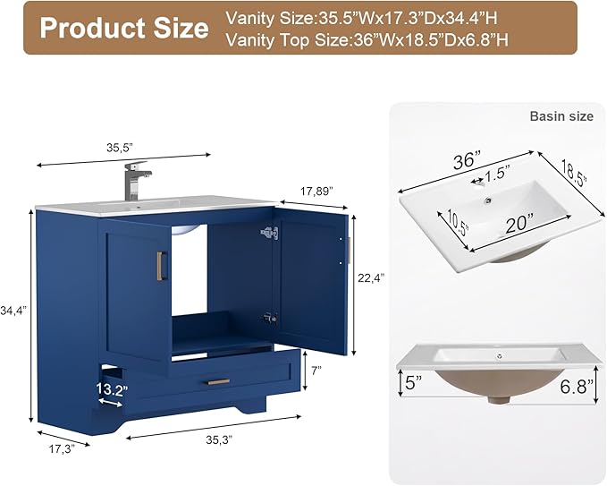 36 inch Bathroom Vanity with Sink, Modern Blue Vanity for Bathroom with Undermount Ceramic Sink, Freestanding 2-Door & 1-Drawer Storage Cabinet, for Small Bathroom Space, (Blue, 36")