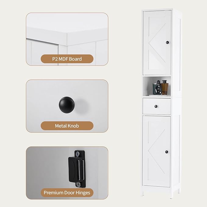 GarveeHome Tall Narrow Bathroom Cabinet, 66.9" Small Skinny Bathroom Storage Cabinet for Small Spaces | Freestanding Water Resistant Organizer for Bathroom, Kitchen, Hallway (1 Drawer, White)
