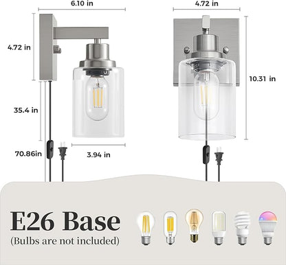 Plug in Wall Sconces Set of 2, Modern Corded Wall Sconce, Bedroom Wall Sconces with Clear Glass, Wall Decor Set of 2 Brushed Nickel Wall Lamps for Bedroom Living Room