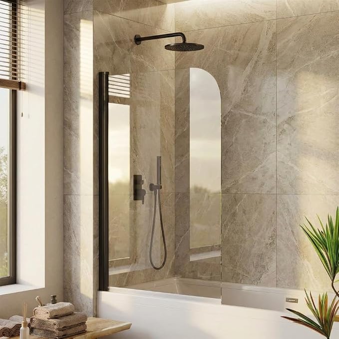 Bathtub Shower Door, Frameless 32" x 55" with 1/4" (6mm) Clear Tempered Glass Panel, Matte Black Tub Enclosure, Modern Design for Bathroom