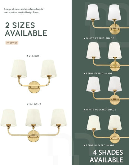 3-Light Gold Bathroom Vanity Light, Beige Pleated Fabric Shade | 25" 3-light gold double wall sconce with beige pleated fabric shades, E26 bulbs, hardwired, upward only, VL837-BG-Z-B-3