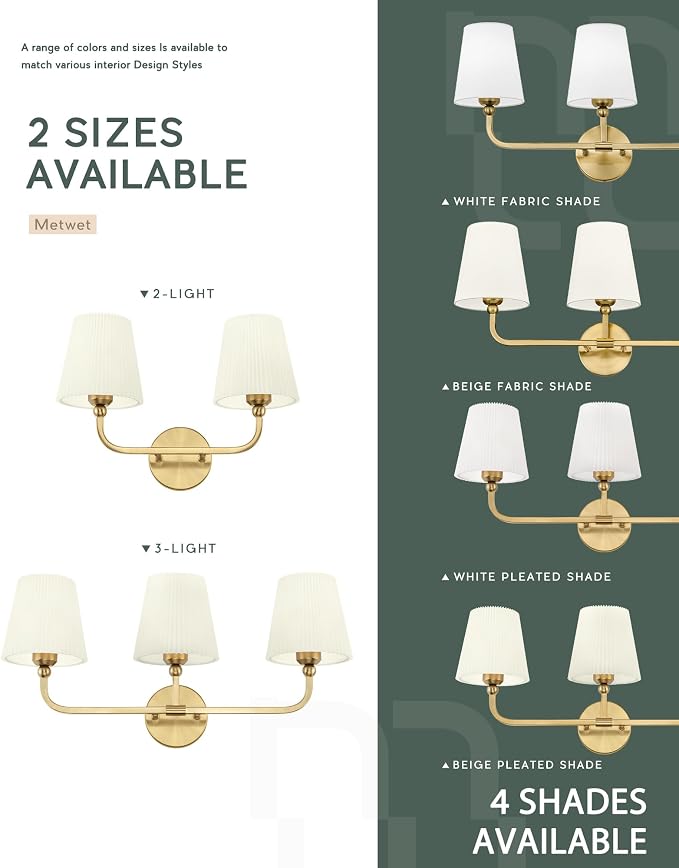 2-Light Gold Bathroom Vanity Light, Beige Pleated Fabric Shade | 17" 2-light gold double wall sconce with beige pleated fabric shades, E26 bulbs, hardwired, upward only, VL837-BG-Z-B-2