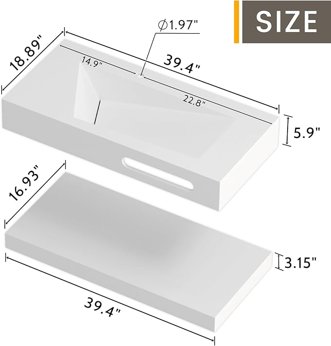 QJ&XY Resin Bathroom Sink 40" Wall Mounted V-Shaped White Basin with Towel Rack, Floating Vanity Sink in Soft-Touch Finish (Double Tier)