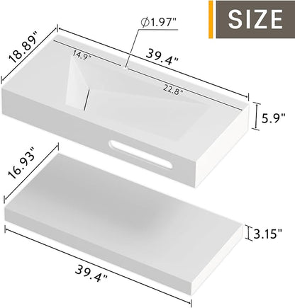 QJ&XY Resin Bathroom Sink 40" Wall Mounted V-Shaped White Basin with Towel Rack, Floating Vanity Sink in Soft-Touch Finish (Double Tier)