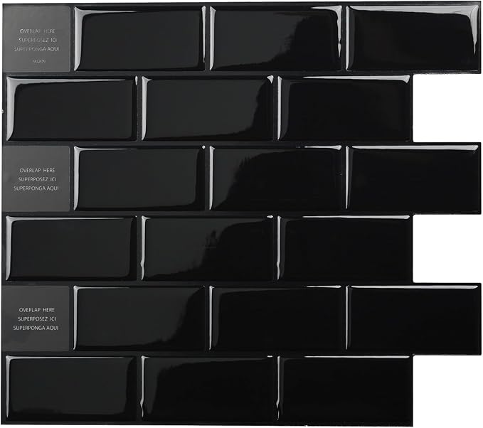 Smart Tiles Peel and Stick backsplash, Subway Jet Black, 10.95"x9.7" | Pack of 10 (6.3 sq ft), Glossy, Heat/Moisture Resistant, Low VOC, Kitchen/Bathroom, Renter Friendly, Made in Canada