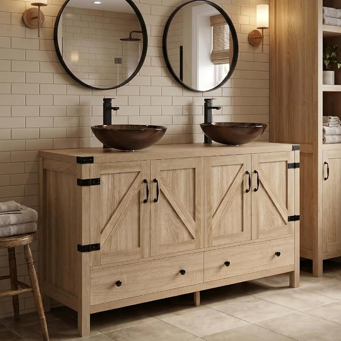 48 inch Natural Color Bathroom Vanity, Rustic Fixture Standing Pedestal Cabinet with Two Brown Round Glass Sinks