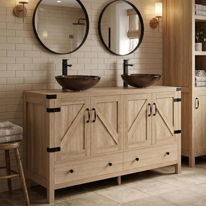 48 inch Natural Color Bathroom Vanity, Rustic Fixture Standing Pedestal Cabinet with Two Brown Round Glass Sinks