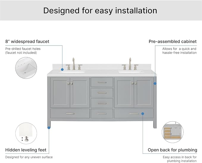 ARIEL Cambridge 72-inch Bathroom Vanity with Sink,Solid Wood, 1.5-inch Carrara White Quartz Countertop, Double Rectangular Porcelain Sink, 4 Soft Closing Doors, 6 Dovetail Drawers, Grey
