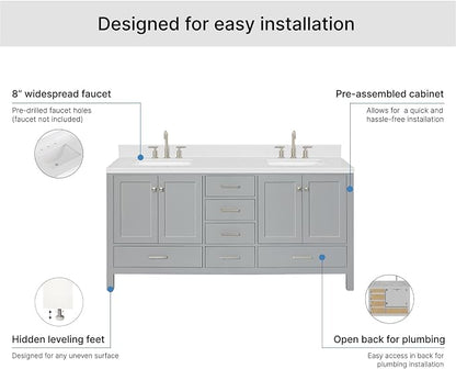 ARIEL Cambridge 72-inch Bathroom Vanity with Sink,Solid Wood, 1.5-inch Carrara White Quartz Countertop, Double Rectangular Porcelain Sink, 4 Soft Closing Doors, 6 Dovetail Drawers, Grey