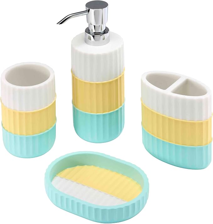 IZOD - Bathroom Set, 4pc Countertop Accessories, Tumbler, Toothbrush Holder, Soap Dish & Lotion Pump, Striped Resin Decor, Dorm Room Essentials (Clubhouse Collection, Aqua)