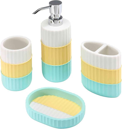 IZOD - Bathroom Set, 4pc Countertop Accessories, Tumbler, Toothbrush Holder, Soap Dish & Lotion Pump, Striped Resin Decor, Dorm Room Essentials (Clubhouse Collection, Aqua)