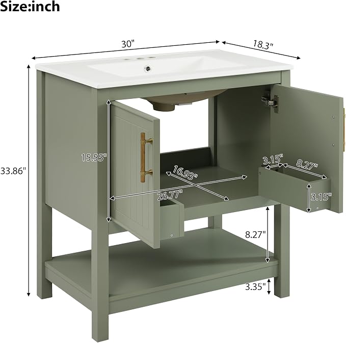 30" Bathroom Vanity with Ceramic Sink,Sink Cabinet w/Soft Closing 2 Doors and Bottom Shelf,Metal Handles,Freestanding Wooden Storage Cabinet,Solid Wood Frame,for Small Space,Green