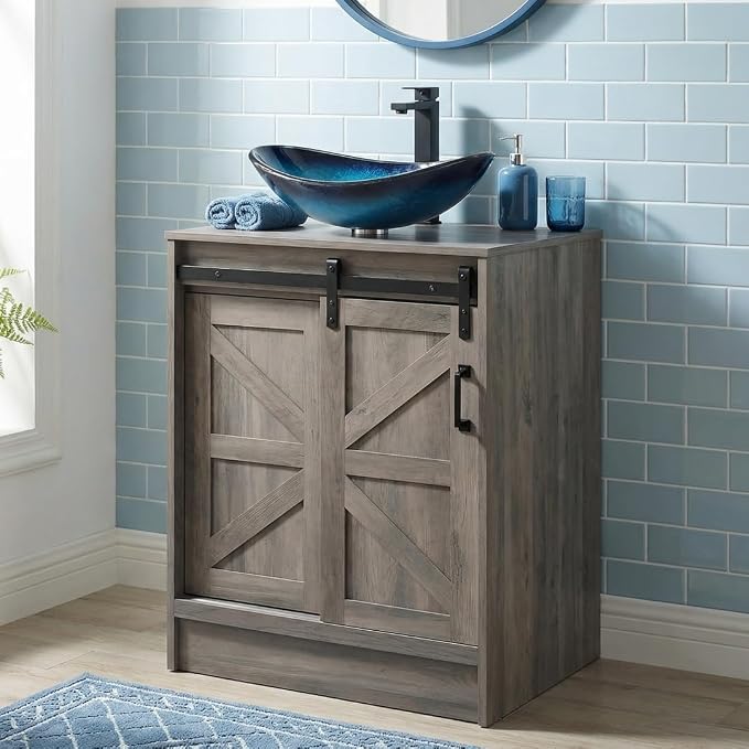 24" Farmhouse Bathroom Vanity with Sink, Bathroom Storage Cabinet with Sliding Barn Doors & Metal Handle, Freestanding Vanity Without Sink