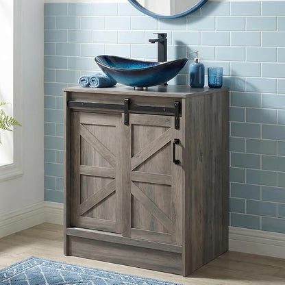 24" Farmhouse Bathroom Vanity with Sink, Bathroom Storage Cabinet with Sliding Barn Doors & Metal Handle, Freestanding Vanity Without Sink