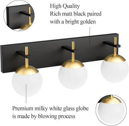 Ralbay Mid Century Modern 3-Light Milky Glass Globe Vanity Lights - Black and Gold Bathroom Wall Lighting