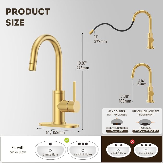 High Arc Pull-Down Bathroom Faucet, Brushed Gold Single Handle with Pull Out Sprayer & Pop-Up Drain, 1 or 3 Hole 2 Model RV Bar Laundry Utility Sink Faucet with Deck Plate, WE08CL-ZY-BG