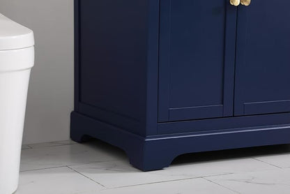36" Pre-Assembled Bathroom Vanity with Sink, Solid Birch and MDF, Carrara White Marble Countertop Attached, Single Rectangle Porcelain Sink, 3 Soft-Close Drawers, Blue