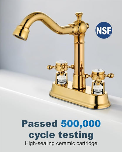 4 Inch Centerset Bathroom Sink Faucet 2 Handle Polish Gold | Swivel Spout,Pop Up Drain,cUPC Hose,for 2 or 3 Hole Sink,Lavatory,Vintage,Farmhouse,RV,SUS304 Mixer Tap,Metal Cross Handle