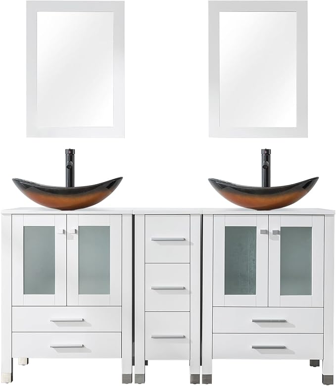 LUCKWIND 60" Double 24" Bathroom Vanity with Sink Combo, Elegant Series with One 12.6-in Side Cabinet, Painted Frame, Including Brown Boat Sinks, Faucets Without Mirrors, White
