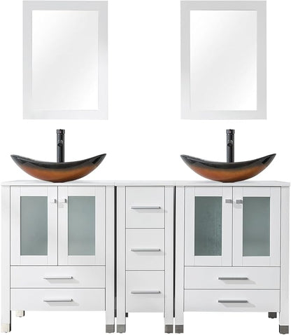 LUCKWIND 60" Double 24" Bathroom Vanity with Sink Combo, Elegant Series with One 12.6-in Side Cabinet, Painted Frame, Including Brown Boat Sinks, Faucets Without Mirrors, White