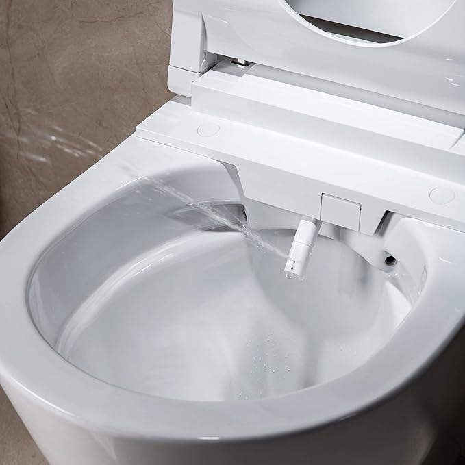 WOODBRIDGE Wall-Hung Smart Toilet with Dual-flush, Bidet Wash Function, Heated Seat & Dryer, Concealed Tank system and White Marble Stone Slim Flush Plates, LT611+ SWHT611+FP611-WH