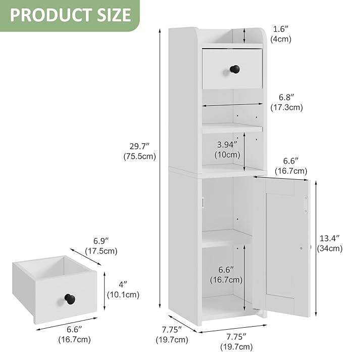 Small Bathroom Storage Cabinet,Narrow Toilet Paper Holder,Corner Floor Cabinet with Doors and Drawer for Small Space,Adjustable Shelf Organizer,7.75L*7.75D*29.6H,White