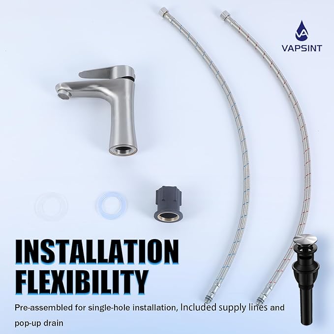 VAPSINT Single Handle Bathroom Faucet, Brushed Nickel Bathroom Sink Faucet 1 Hole, Stainless Steel Small Vanity Faucets Single Hole for Vessel RV with Water Supply Hoses & Pop-up Drain