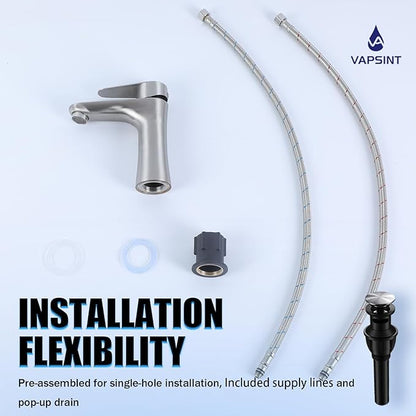 VAPSINT Single Handle Bathroom Faucet, Brushed Nickel Bathroom Sink Faucet 1 Hole, Stainless Steel Small Vanity Faucets Single Hole for Vessel RV with Water Supply Hoses & Pop-up Drain