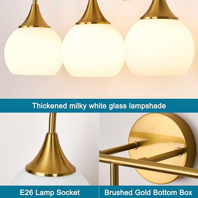 Modern Gold Bathroom Vanity Lights 3-Light Bathroom Light Fixtures Over Mirror with Milk White Glass Shade Modern Wall Sconce Lighting Bath Vanity Lights (Exclude E26 Bulb)