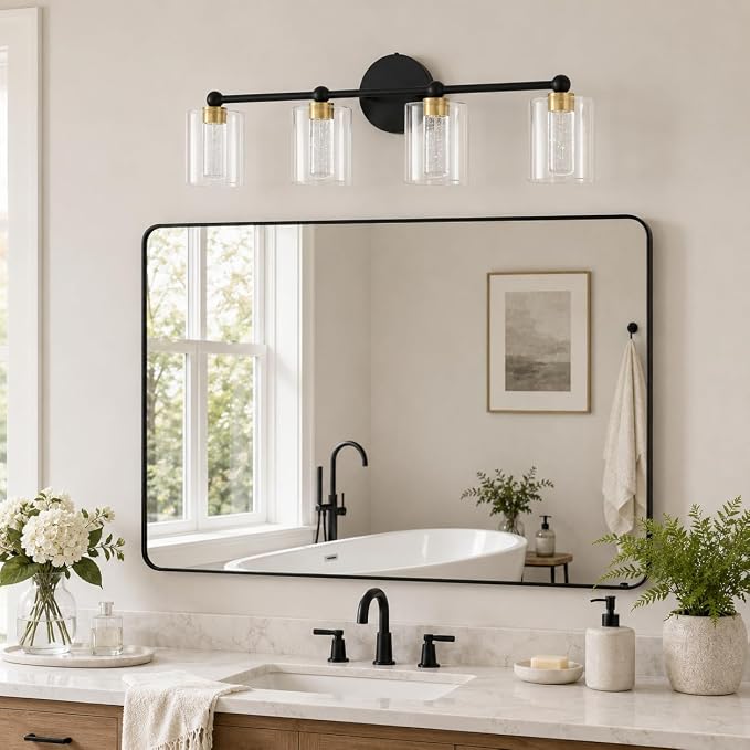 Black and Gold Vanity Light with 3 Color Modes, Eye Protection LED Bathroom Light Fixtures, Dimmable Modern Wall Light Over Mirror with Clear Glass Shade (Black & Gold, 4-Light)