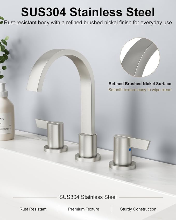 Brushed Nickel 3 Hole Bathroom Faucet,8" Widespread Vanity Faucet | 2 Handle Waterfall Bathroom Sink Faucet with Pop-Up Drain,Supply Lines,360° Swivel Spout,Lead-Free Stainless Steel,Deck Mount