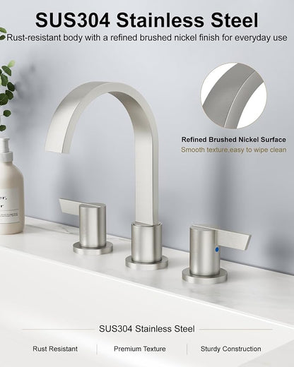 Brushed Nickel 3 Hole Bathroom Faucet,8" Widespread Vanity Faucet | 2 Handle Waterfall Bathroom Sink Faucet with Pop-Up Drain,Supply Lines,360° Swivel Spout,Lead-Free Stainless Steel,Deck Mount