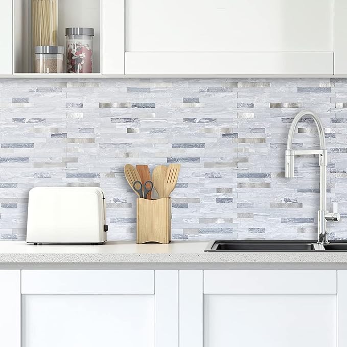 DICOFUN 10-Sheets Peel and Stick Backsplash Wall Tile, Faxu Stone PVC Mixed Metal Kitchen Backsplash Peel and Stick in Light Grey
