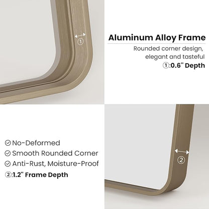 Bronze Bathroom Mirror 24x36 Inch, Brushed Bronze Metal Frame Mirror for Wall, Rounded Rectangle Bathroom Vanity Mirror with Tempered Glass, Anti-Rust, Horizontal/Vertical