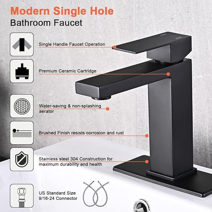 Matte Black Bathroom Faucet, Single Hole Vanity Bath Faucet, Single Handle Modern Stainless Steel Bathroom Faucets for Sink 1 Hole with Pop Up Drain Stopper & Water Supply Hoses