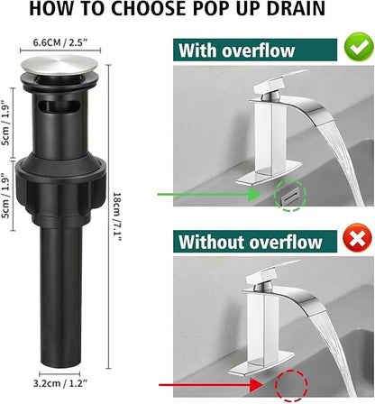 Hoimpro Chrome Waterfall Bathroom Faucet with cUPC Supply Lines, Single Handle Bathroom Sink Faucet with Pop-up Drain, Rv Vanity Vessel Faucet with Deck Plate, Chrome, 1 or 3 Hole