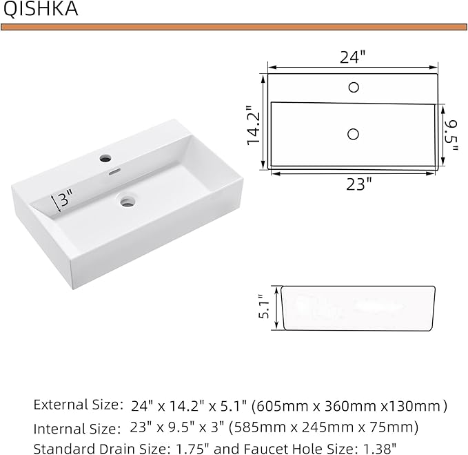 Wall Mount Rectangular Bathroom Sink, QISHKA 24"x14" Modern Ceramic Floating Vessel Sink, White Rectangle Vanity Sink with Overflow, Wall Hung Wash Hand Basin