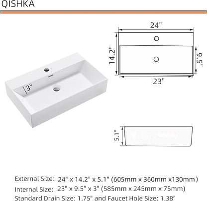 Wall Mount Rectangular Bathroom Sink, QISHKA 24"x14" Modern Ceramic Floating Vessel Sink, White Rectangle Vanity Sink with Overflow, Wall Hung Wash Hand Basin
