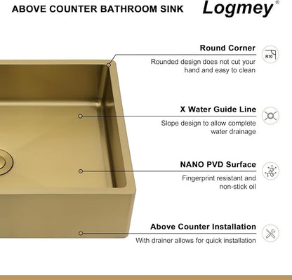 Logmey 16" Gold Shallow Bathroom Vessel Sink 16x12 Small Handmade 16 Gauge Stainless Steel Above Counter 4" Deep RV Bathroom Sink Rectangle Vessel Sinks with Pop up Drain Set