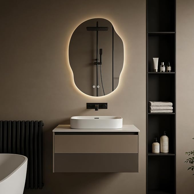 Asymmetrical Bathroom Mirror with Lights, Irregular LED Backlit Vanity Mirror, 31" H x 22" W, Anti-Fog, Dimmable Lighting with 3 Color Temp, Memory, Hardwired, Vertical or Horizontal Mount