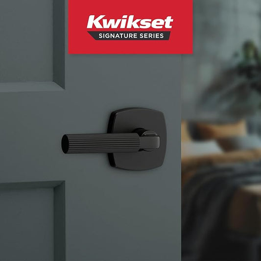 Kwikset Mirada Interior Midtown Privacy Door Handle with Lock, Door Lever for Bathroom and Bedroom, Matte Black Reversible Keyless Push Button Lock Door Lever
