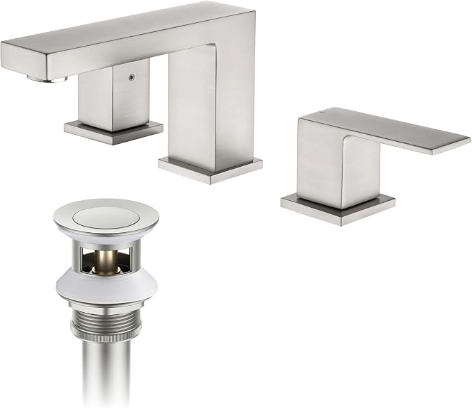2-Handle Cube Bathroom Sink Faucet with Drain Assembly | 3-Hole Installation, Solid Brass Construction | 8-Inch Widespread Lavatory Faucet | Brushed Nickel, KBF1024