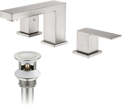 2-Handle Cube Bathroom Sink Faucet with Drain Assembly | 3-Hole Installation, Solid Brass Construction | 8-Inch Widespread Lavatory Faucet | Brushed Nickel, KBF1024