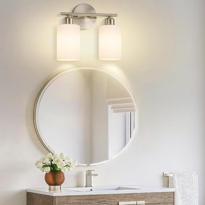 Brushed Nickel Bathroom Light Fixtures, 2-Light Modern Vanity Light Over Mirror, Wall Sconces with Milky White Frosted Glass Shades for Hallway, E26