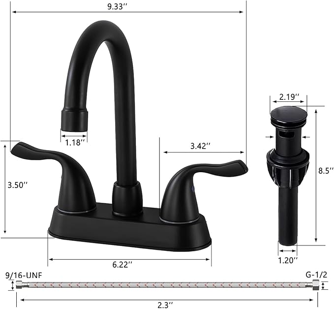 Matte Black 4-Inch Centerset Bathroom Faucet, 2-Handle 3-Hole Sink Faucet with Pop-up Drain & Supply Lines